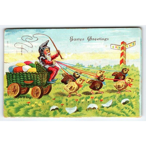 Easter Postcard Fantasy Dwarf Rides Cart Pulled By Baby Chicks Gnome Whip German - Picture 1 of 2
